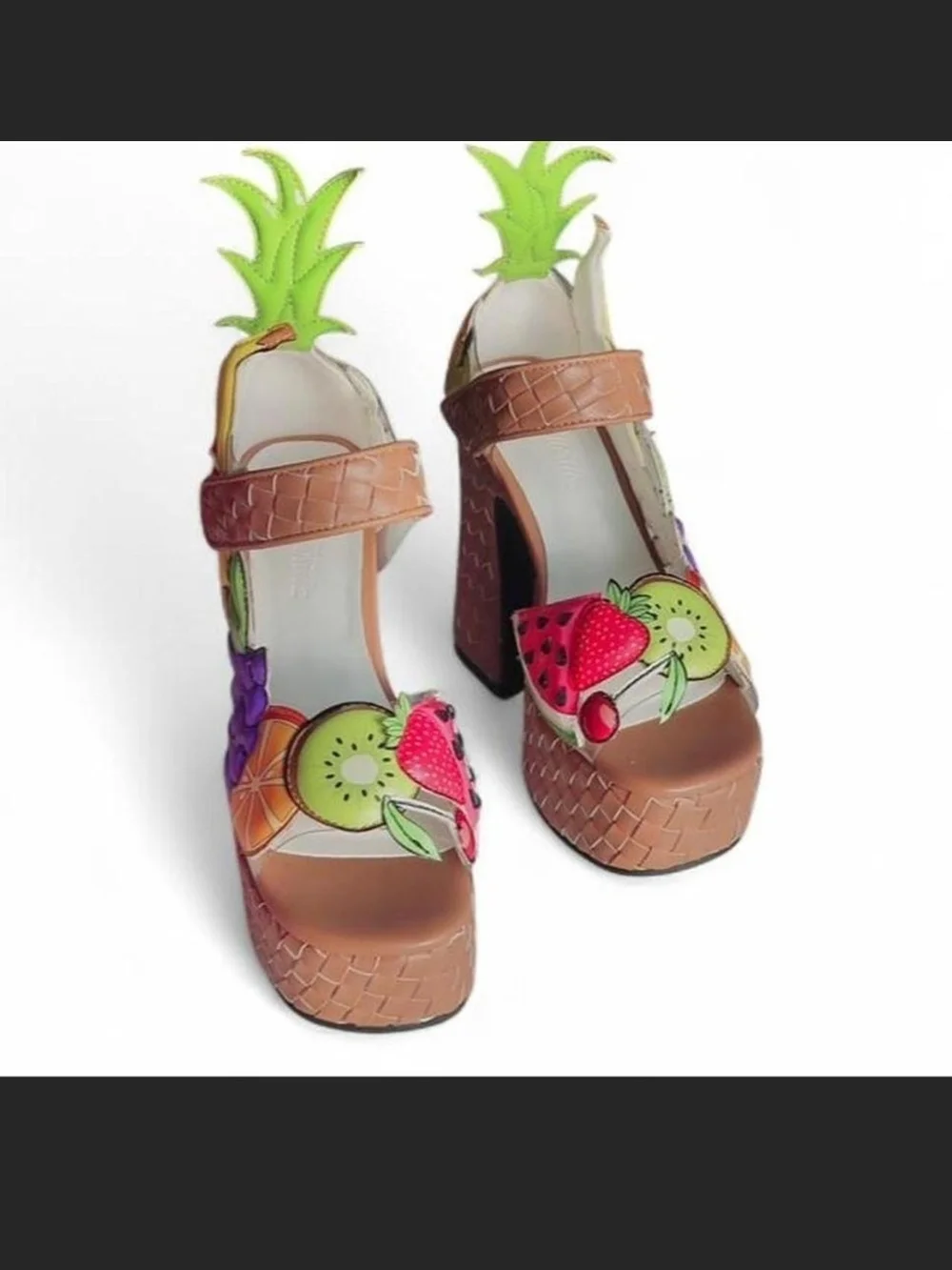 Dolls Kill Tan Platform Sandals with Colorful Fruit Appliqués
